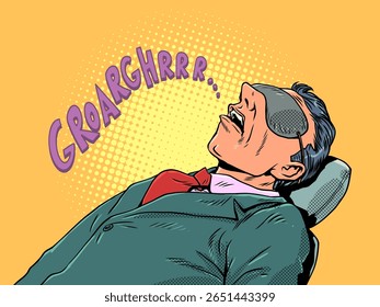 O homem dorme alto e ronca. Preguiça no trabalho. Desatenção dos funcionários da empresa. Pop Art Retro Vetor Ilustração Kitsch Vintage estilo 50s 60s