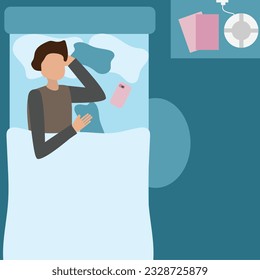 Man sleeps at night in bed.Top Angle View flat vector illustration.