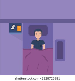 Man sleeps at night in bed.Top Angle View flat vector illustration.