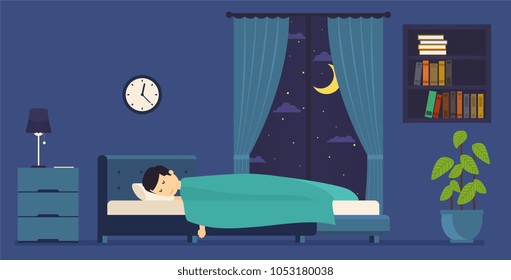 Man Sleeps At Night In Bed. Room With A Window At Night.