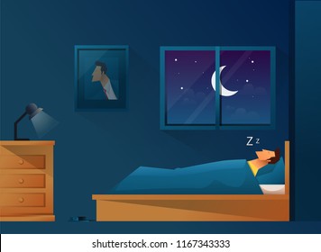 Man sleeps at night in bed. Room with a window at night