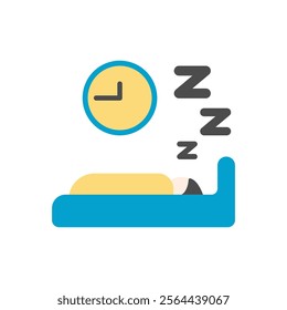 Man sleeps at night in bed. Room with a wall clock. Icon Flat.