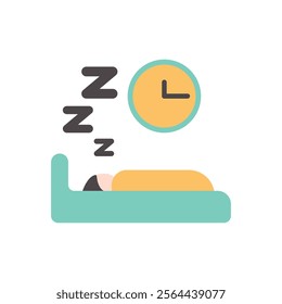 Man sleeps at night in bed. Room with a wall clock. Icon Flat.