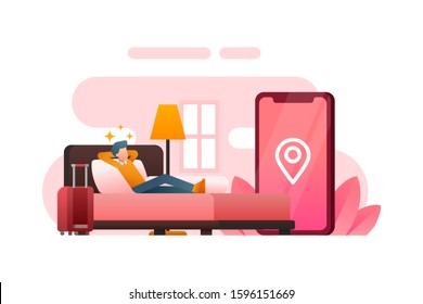 A man sleeps on a bed with a smartphone background and pin marker location icon. Travel Vector. Hotel Illustration.