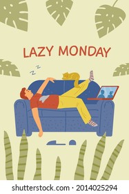 Man sleeps on couch with cat and laptop. Vector cartoon illustration of lazy Monday concept in flat style. Illustration of lifestyle.