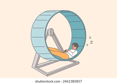 Man sleeps on hamster wheel after professional burnout caused by routine, uninteresting job. Tired guy does not want to work and is resting at workplace, due to laziness and not wanting to get burnout