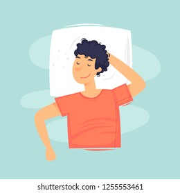 Man sleeps on the pillow. Flat vector illustration in cartoon style.