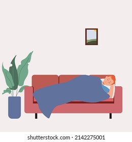 A man sleeps on a sofa in the living room. Quarrel in a couple. Living room. Sleeping under a blanket. Illustration