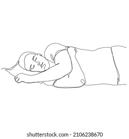 Man sleeps on sofa. One continuous line art. Vector minimalist illustration isolated on white background. 