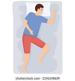 Man sleeps. Man in pajamas sleeping on bed. Top view. Vector illustration