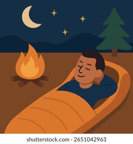 A man sleeps peacefully in an orange bedroom under the starry sky by a campfire. Vector illustration of camping and sleeping by a campfire in the forest.