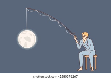 Man sleeps and smiles, holding fishing rod with moon on hook, sitting on toilet. Guy sleeps and has pleasant dreams, enjoying opportunity to relax and gain strength before new day.