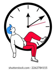 

Man sleeps tired sitting on the clock. The man is waiting. Clock, clock hands. Afternoon nap. Vector graphics. White background.