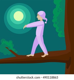 Man sleepwalker on tree. Colorful hand drawn cartoon vector illustration