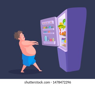 Man Sleepwalker In Underwear Walks To The Open Door Refrigerator. Side View. Arms Out In Front, Outstretched. Unhealthy Addiction Lifestyle. Night Overeating. Vector Cartoon Illustration.