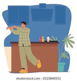 Hombre Sonambulismo En Un Interior Acogedor Del Hogar. El Personaje Masculino Vestido Con Cómodos Pijamas Y Zapatillas, Parece Desconocer Su Entorno. Escena de Vector de dibujos animados transmite una sensación de sonambulismo