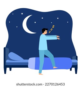 Man sleepwalking at night in flat design.