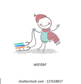 Man and sleigh. Illustration.