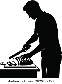Man slicing bread, food cooking preparation concept.