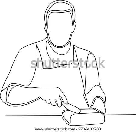 Man Slicing Bread with a Knife in Continuous Line Art Style keywords cheese