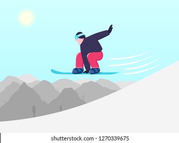 Man slide downhill on a snowboard. Winter mountain landscape. Winter sports.