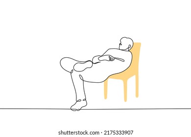 man slides off his chair pretending everything is fine - one line drawing vector. concept of pretending; deceptive maneuver; putting on good face when playing badly; ignoring obvious; to look stupid