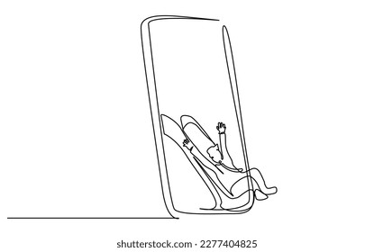 man slides out from inside big mobile phone happy internet surfing application advertisement