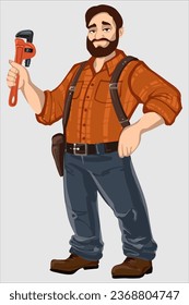 Man with sliding key in hand, concept art, digital art, full size portrait with hammer in hand, in uniform. Charismatic mechanic, vector illustration, rugged male ranger, full size portrait of ranger