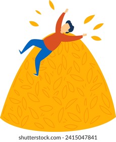 Man sliding off a giant autumn leaf, feeling joyful. Casual fun, seasonal activity. Embracing fall season excitement vector illustration