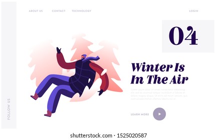 Man Sliding Off Snow Hill at Park Website Landing Page. Young Cheerful Male Character in Sledging on his Buttocks Downhills. Outdoors Winter Activity Web Page Banner. Cartoon Flat Vector Illustration