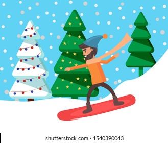 Man sliding on snowboard on mountain hill. Young snowboarder not afraid of extreme sport. Guy doing recreational wintertime activity. Person in forest or wood. Vector illustration in flat style