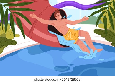Man sliding in water park or aquapark attraction. Vector person enjoy summer vacation activity at playground pool. Symbol of aqua tube amusement and wet recreation seasonal entertainment ride.