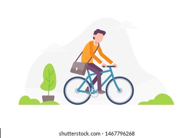 Man With Sling Bag Riding Bicycle Vector Flat Illustration