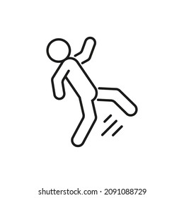 Man Slip And Fall Down To Floor, Outline Icon. Slippery Floor, Slipped And Fell. Danger Fail, Fall And Getting Trauma, Damage. Vector Line Illustration