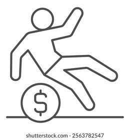 Man slipped on dollar coin thin line icon, financial problem concept. Vector graphics. Human with cent sign on white background, outline style icon for mobile or web design