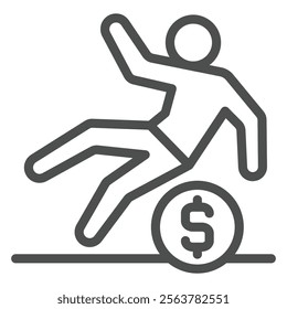 Man slipped on dollar coin line icon, financial problem concept. Vector graphics. Human with cent sign on white background, outline style icon for mobile or web design