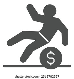 Man slipped on dollar coin solid icon, financial problem concept. Vector graphics. Human with cent sign on white background, glyph style icon for mobile or web design