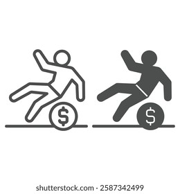 Man slipped on dollar coin line and solid icon, financial problem concept. Vector graphics. Human with cent sign on white background, outline style icon for mobile or web design