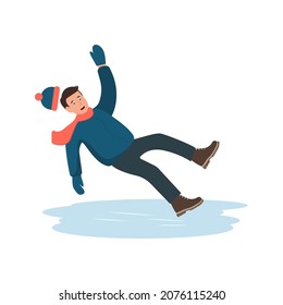 The man slipped on the ice. Boy falls, waving his hands. Slippery winter road. Vector flat design illustration.