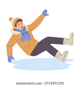 El hombre se resbaló en el hielo. El niño cae, agitando las manos. Camino de invierno resbaladizo. Ilustración de diseño plano de Vector.