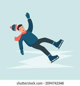 El hombre se resbaló en la pista de hielo. El chico se cae, saludando sus manos. Resbaladizo. Dibujo de diseño plano de patinaje.Vector.