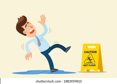 Man slipped on the wet floor and after cleaning and was injured, he didn't notice the yellow sign - wet floor. Vector illustration, flat design, cartoon comic style, isolated background.