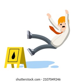 Man slipped on wet floor. Danger and risk. Sliding on puddle of water. Mistake and falling. Flat cartoon illustration
