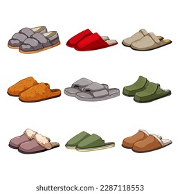 muchas zapatillas preparan caricatura. hogar cómodo, pareja masculina, dormitorio de calzado, cálido estilo de vida hombre pantuflas señas. ilustración vectorial de símbolo aislado