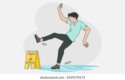 A man slipping and falling down. Wet floor warning and caution sign. Vector illustration.