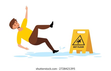 Ein Mann, der ausrutscht und herunterfällt. Warnblinklicht und Warnblinklicht. Wasser nasse Rutsche Boden fallen Menschen Konzept. Vektorgrafik