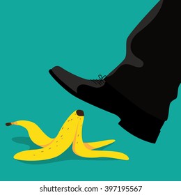 Man slipping on a banana peel flat design. EPS 10 vector.