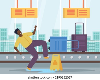 Man slipping on wet floor and falling in airport with luggage belt on background flat vector illustration