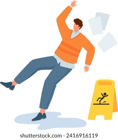 Man slipping on wet floor beside caution sign. Person loses balance at workplace. Accident prevention and safety vector illustration.