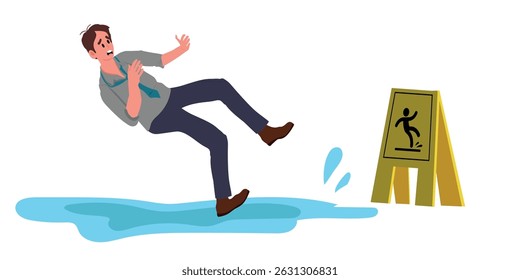 A man slipping on a wet floor, illustrating danger, accident risk, and the need for caution.